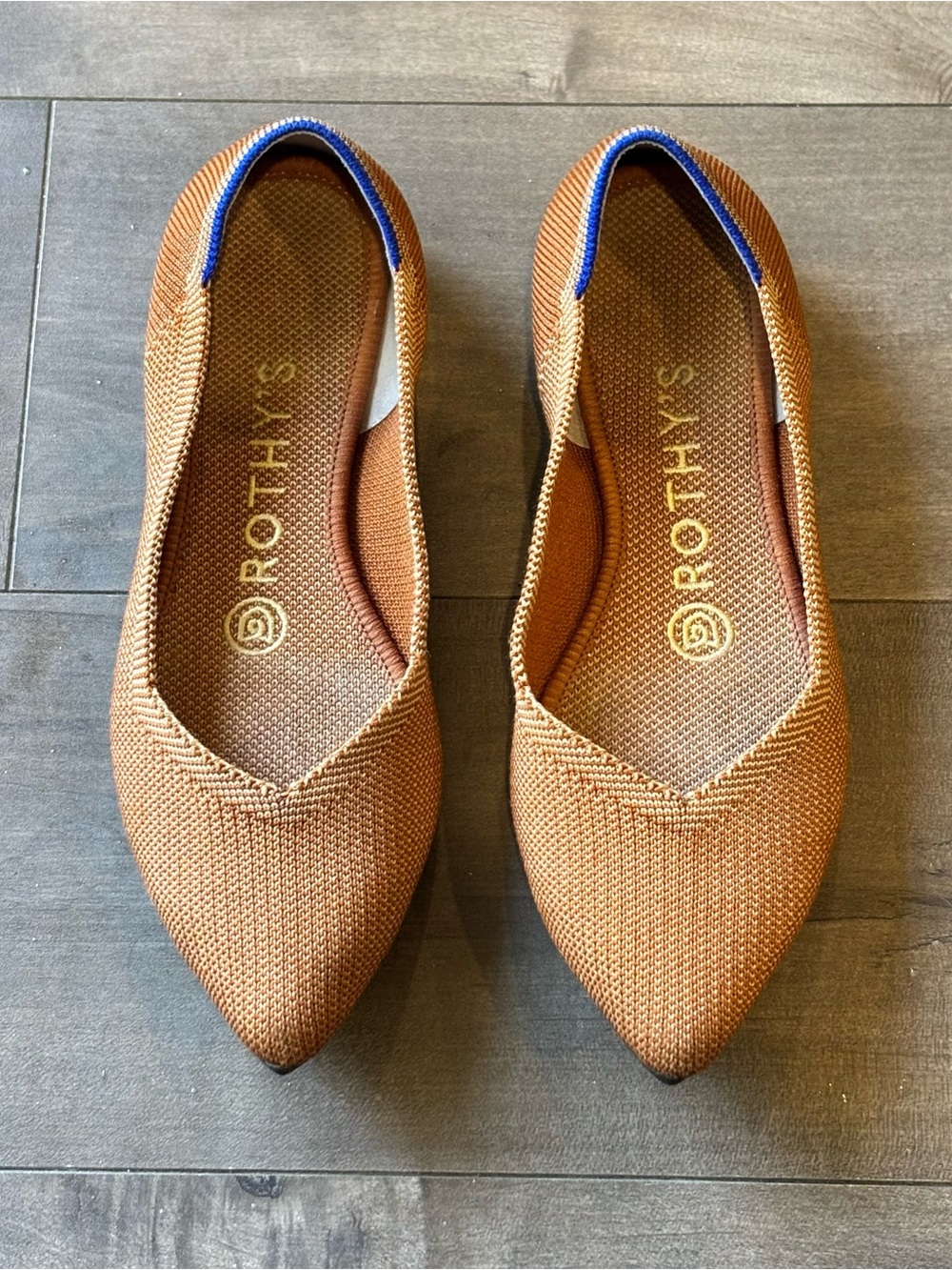 Rothy's The Point Pointed Toe Ballet Flats in Cognac Brown with Blue Trim